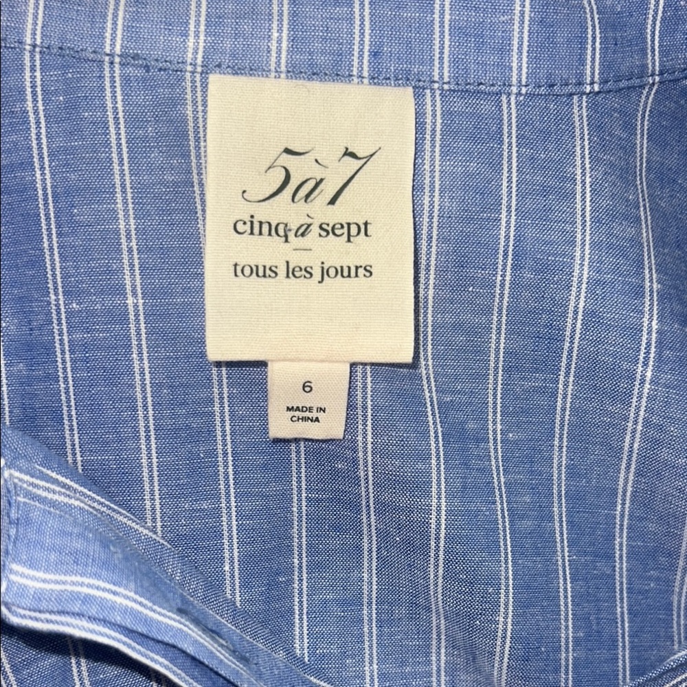 Cing a Sept Tira Linen Pinstripe Puffed Short Sleeve Self-Tie Waist Mini Dress 6 - Picture 6 of 9